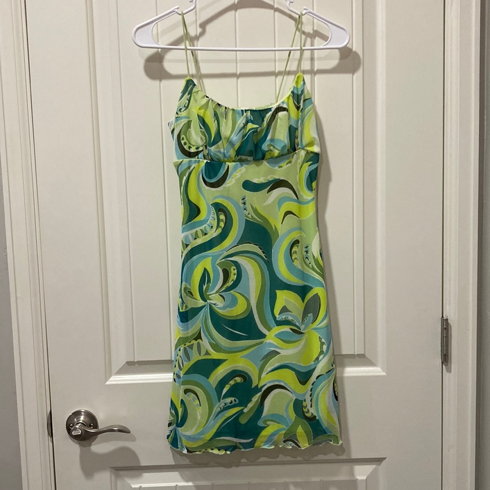 Green, blue, teal paisley dress.